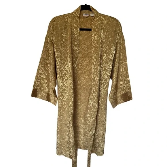 Avon Gold Floral Jacquard Robe Kimono Satin Feel Belted Vintage 80/90s S/M - Picture 2 of 12